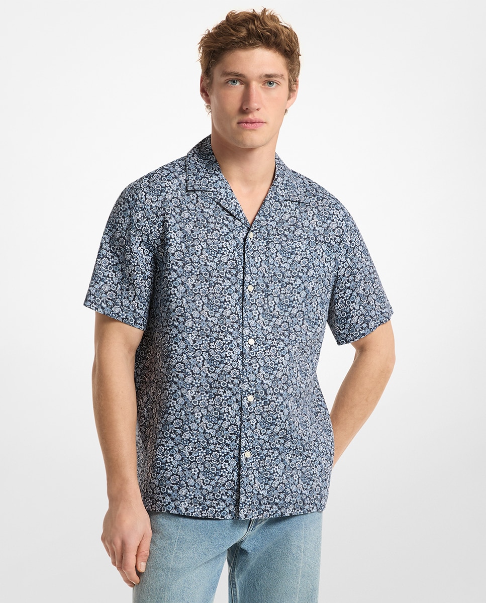 Camisa de Linho com Manga Curta e Estampado Floral Azul-marinho-1