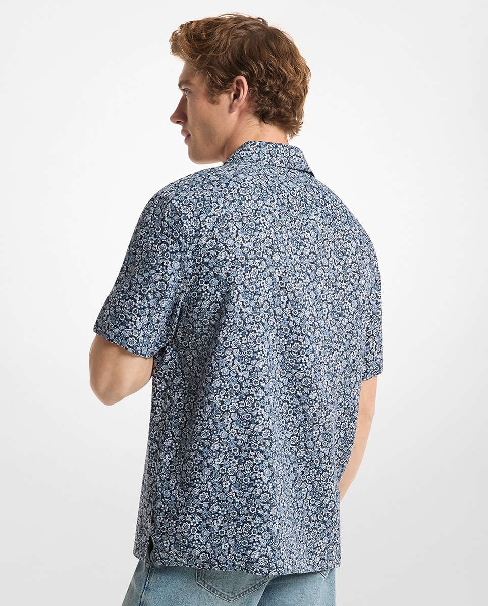 Camisa de Linho com Manga Curta e Estampado Floral Azul-marinho-2