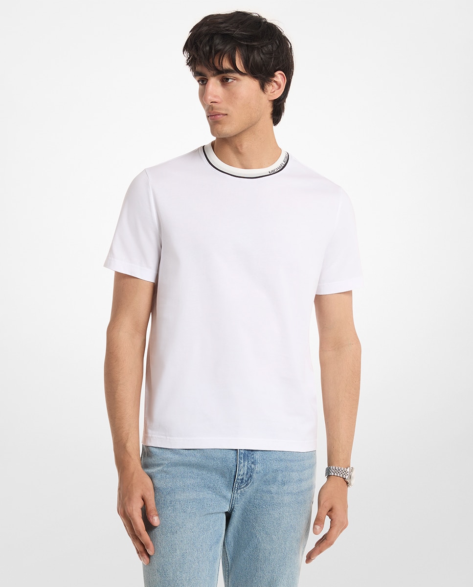 T-shirt de Manga Curta com Vivos em Contraste e Detalhe da Marca na Lateral da Gola Branco-1