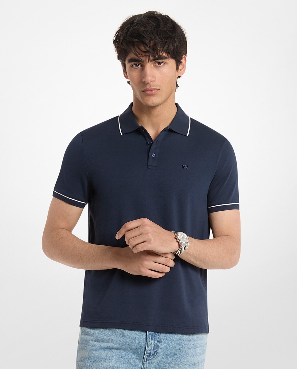 Polo de Manga Curta em Interlock com Vivos em Contraste no Colarinho e Mangas Azul-marinho-1