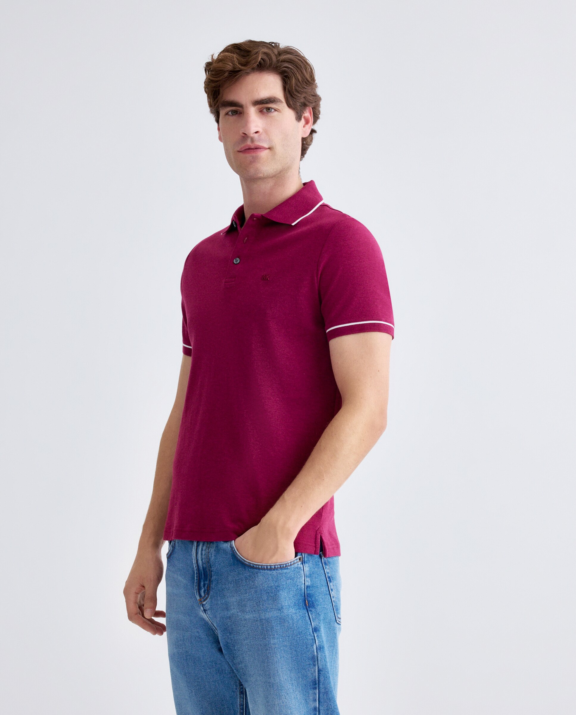 Polo de Manga Curta em Interlock com Vivos em Contraste no Colarinho e Mangas Rosa-1