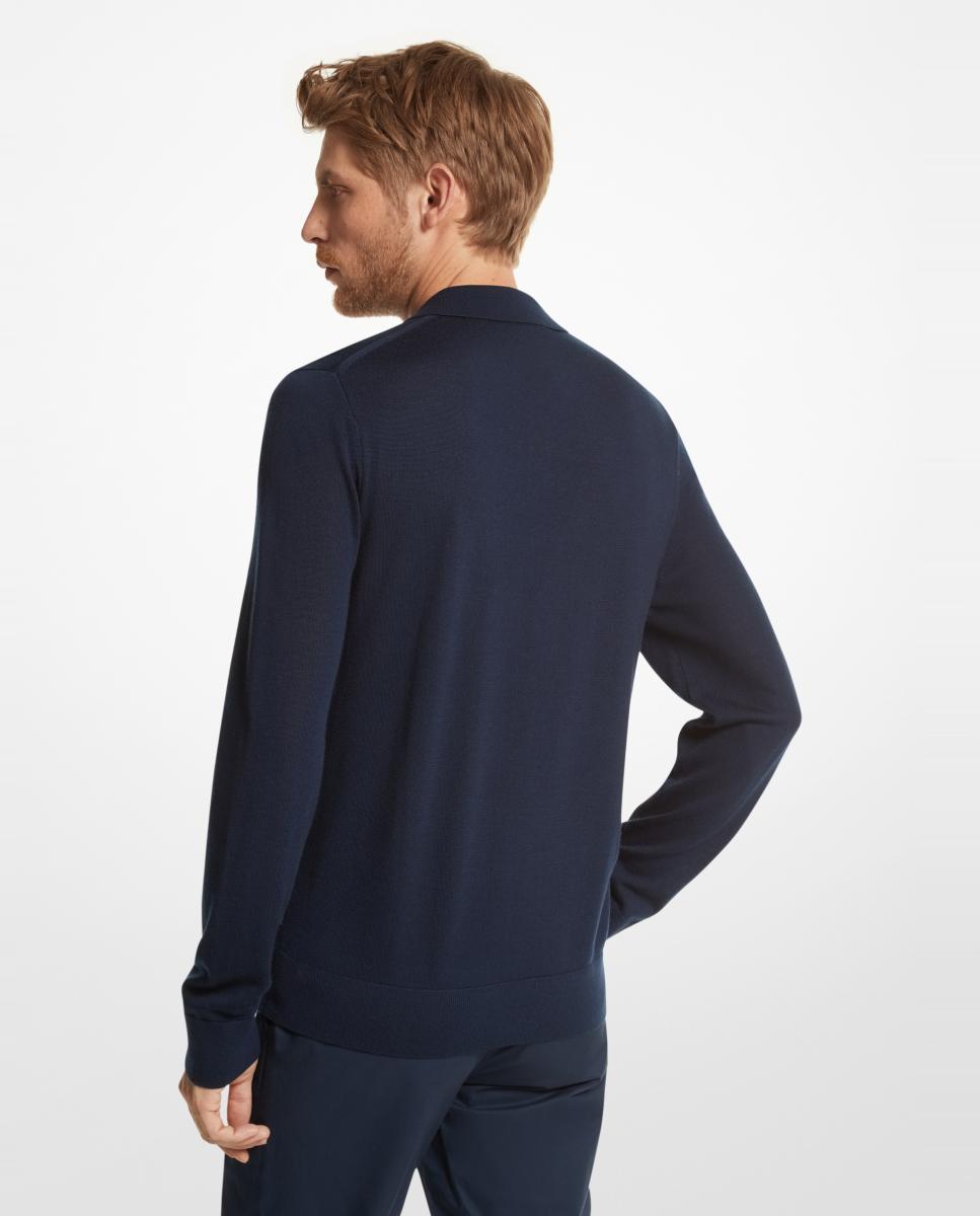 Camisola de Malha de Lã Merino com Colarinho de Polo Azul-marinho-2