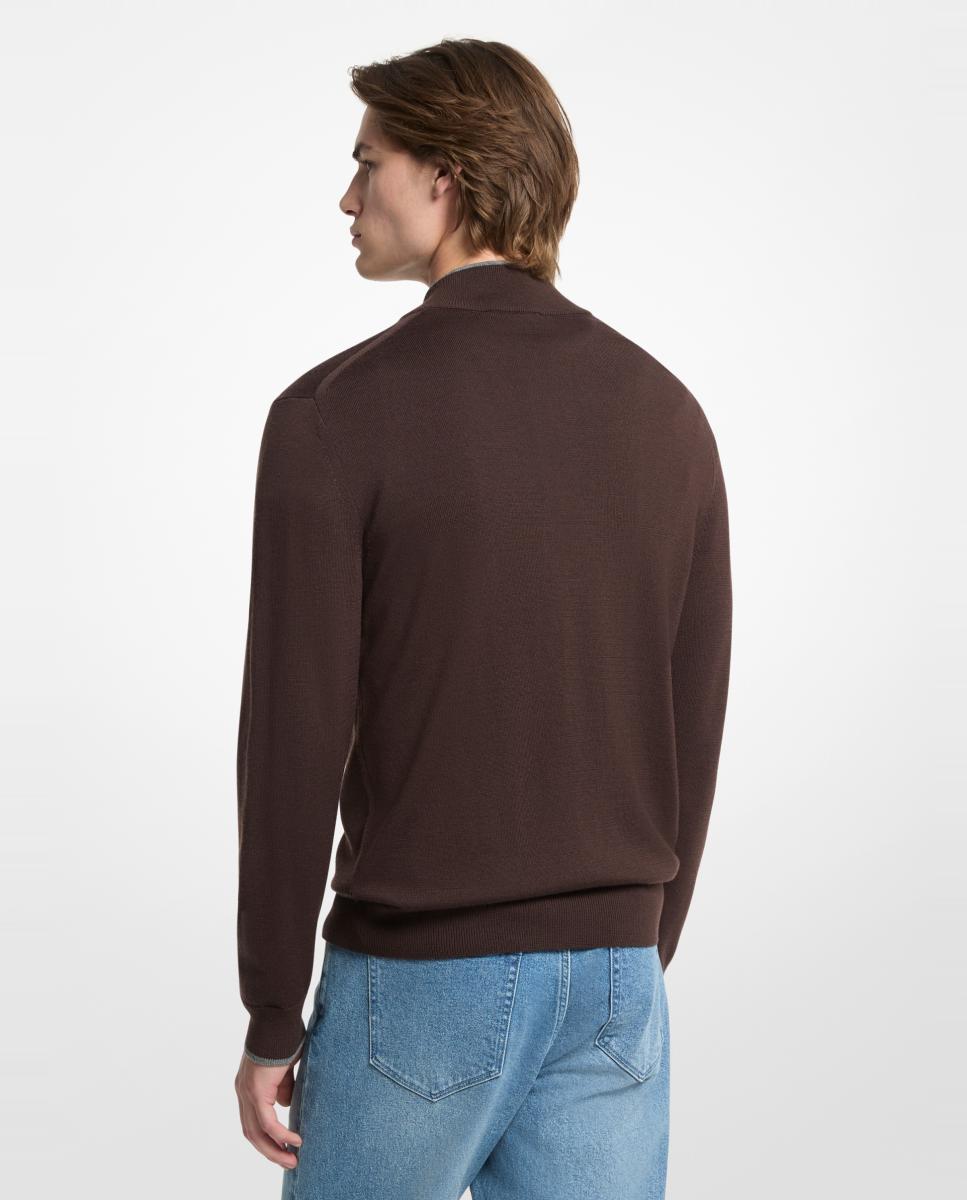 Camisola de Malha de Lã Merino com Meio Fecho de Correr Castanho-escuro-2