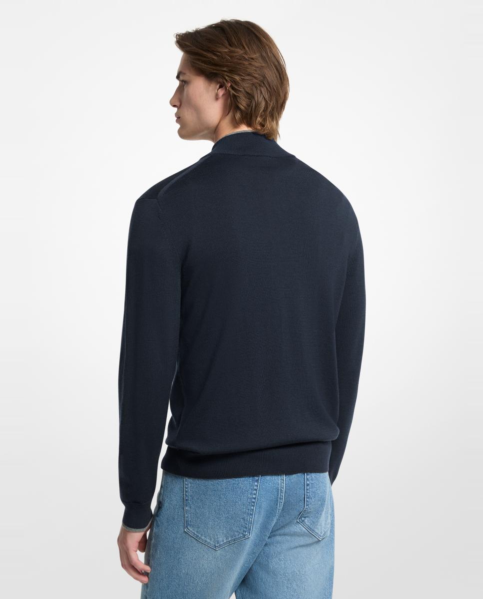 Camisola de Malha de Lã Merino com Meio Fecho de Correr Azul-marinho-2