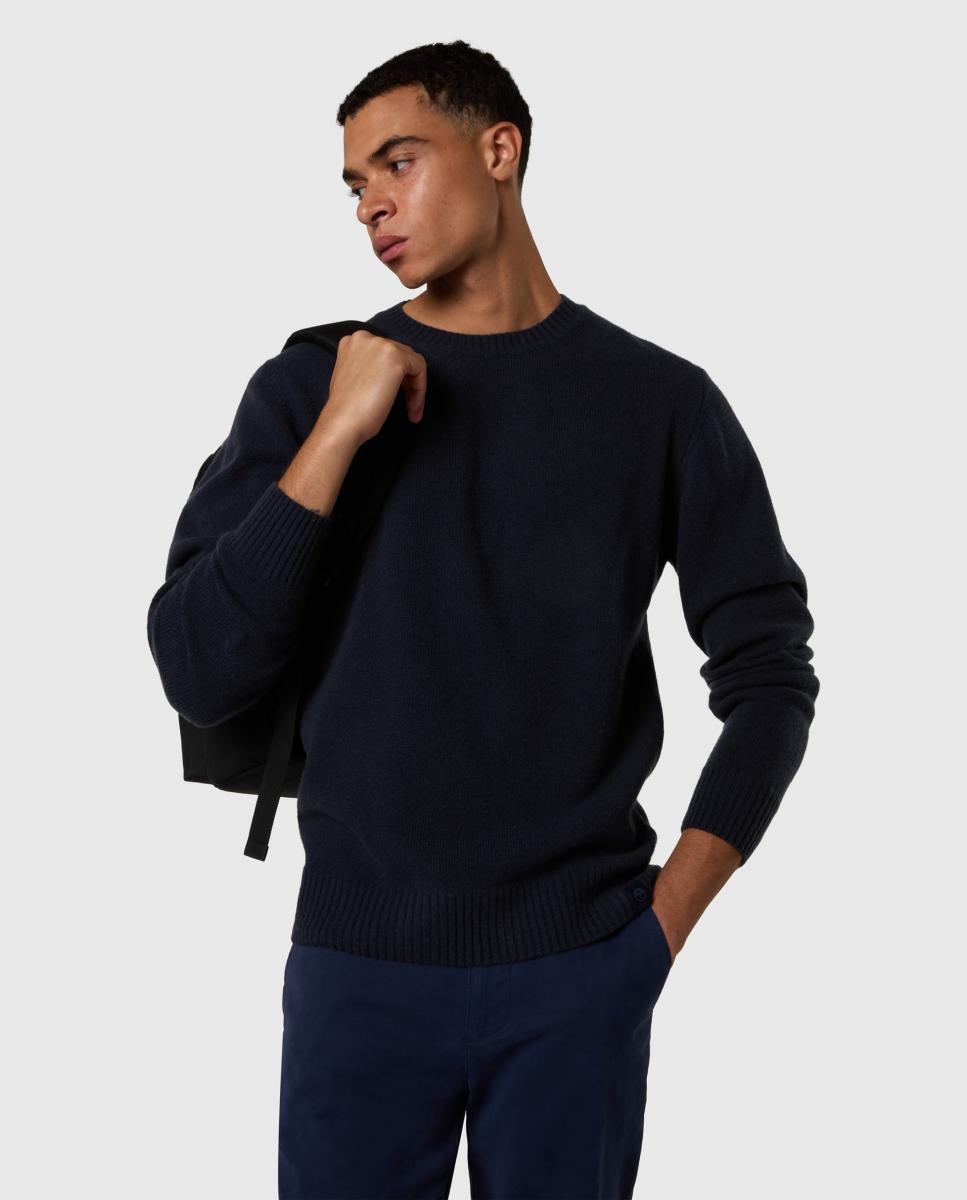 Camisola de Homem com Gola Redonda em Mistura de Lã Desgastada Azul-marinho-3