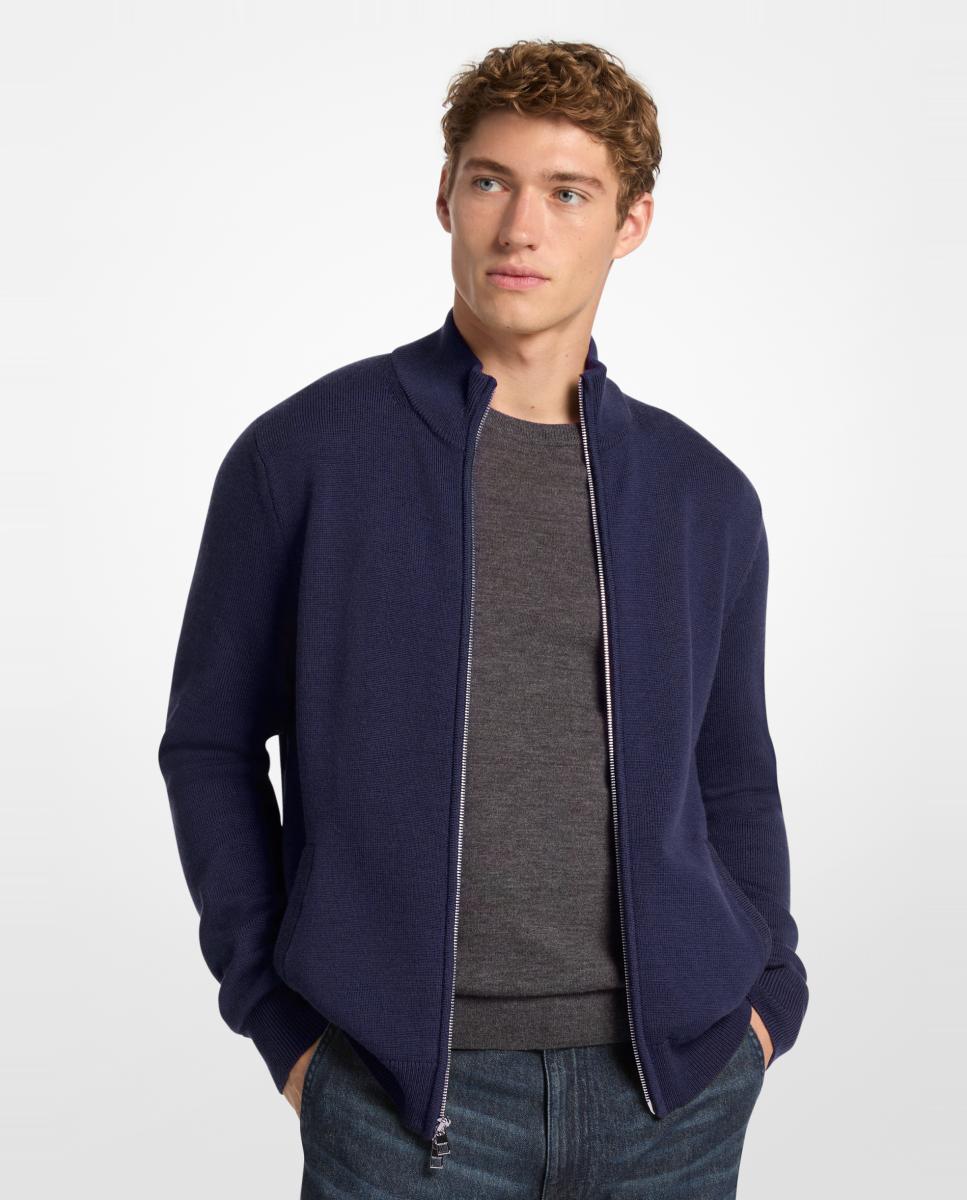 Imagen 0 de Cardigan de hombre con cremallera completa en lana merino Azul marino