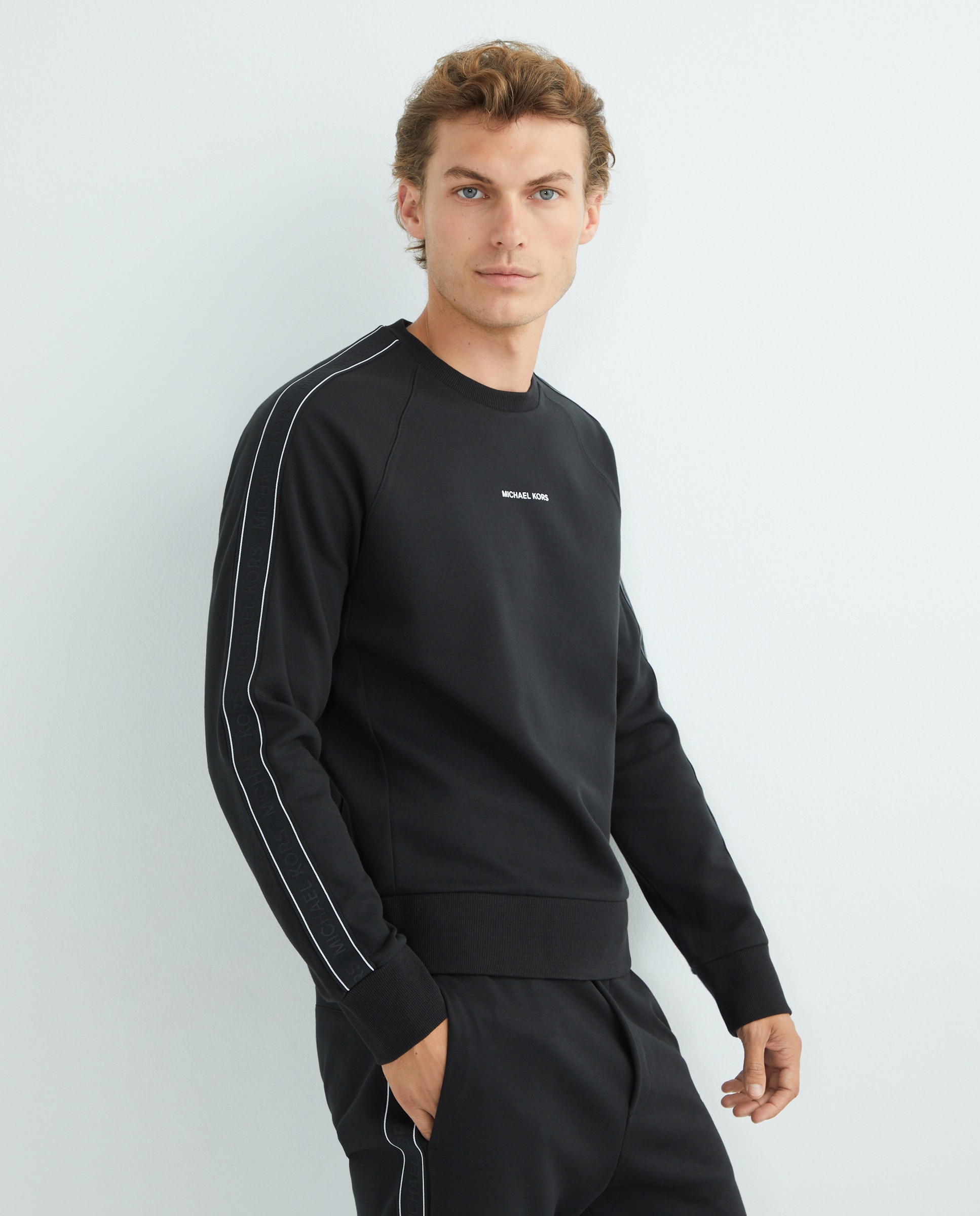 Sudadera de hombre cuello caja de mezcla de algodón con cenefa lateral con logotipos - Michael Kors - Negro Negro-1