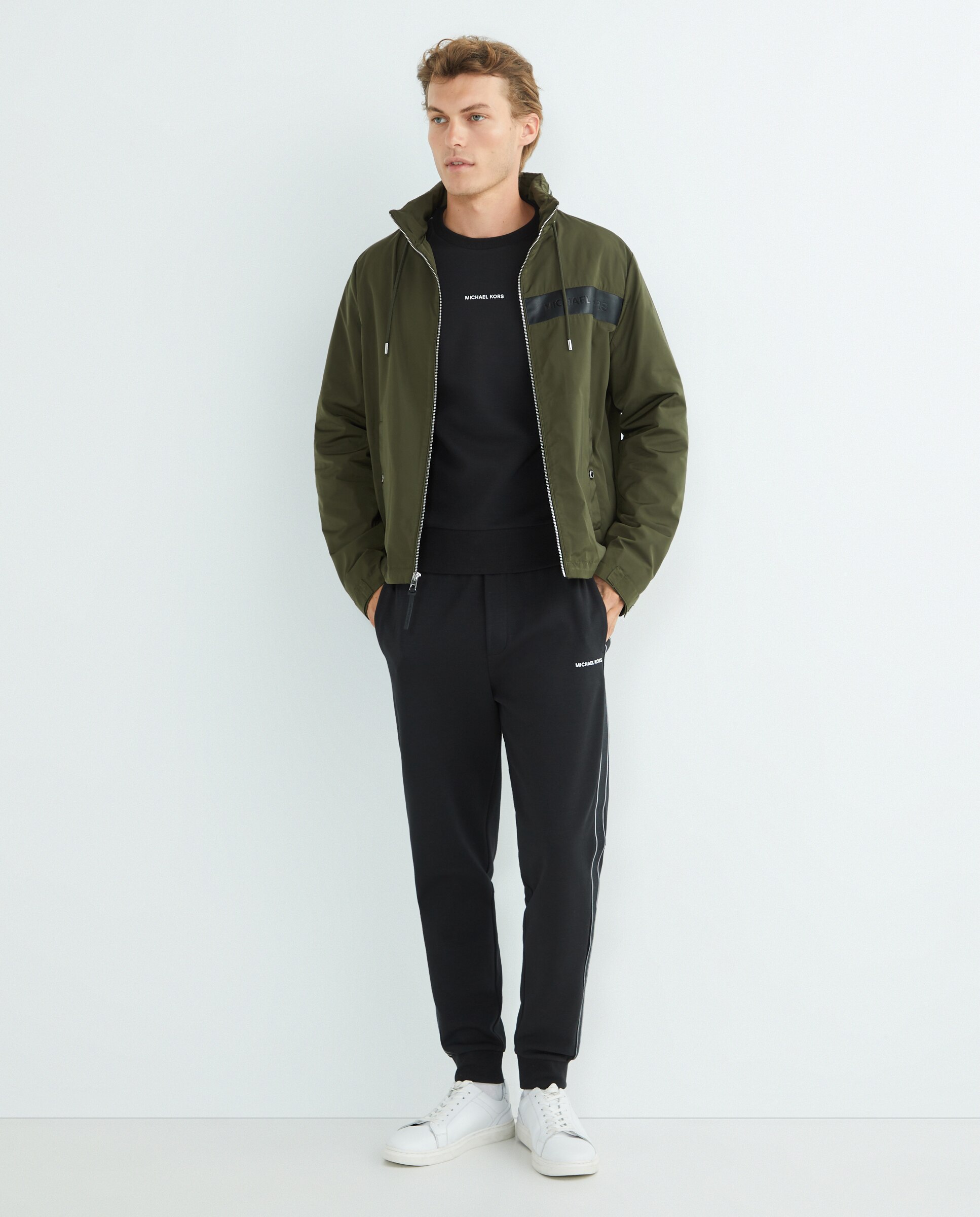 Sudadera de hombre cuello caja de mezcla de algodón con cenefa lateral con logotipos - Michael Kors - Negro Negro-2