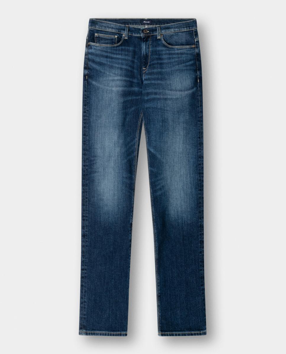 Jeans Straight de Cinco Bolsos em Algodão Elástico Azul-2