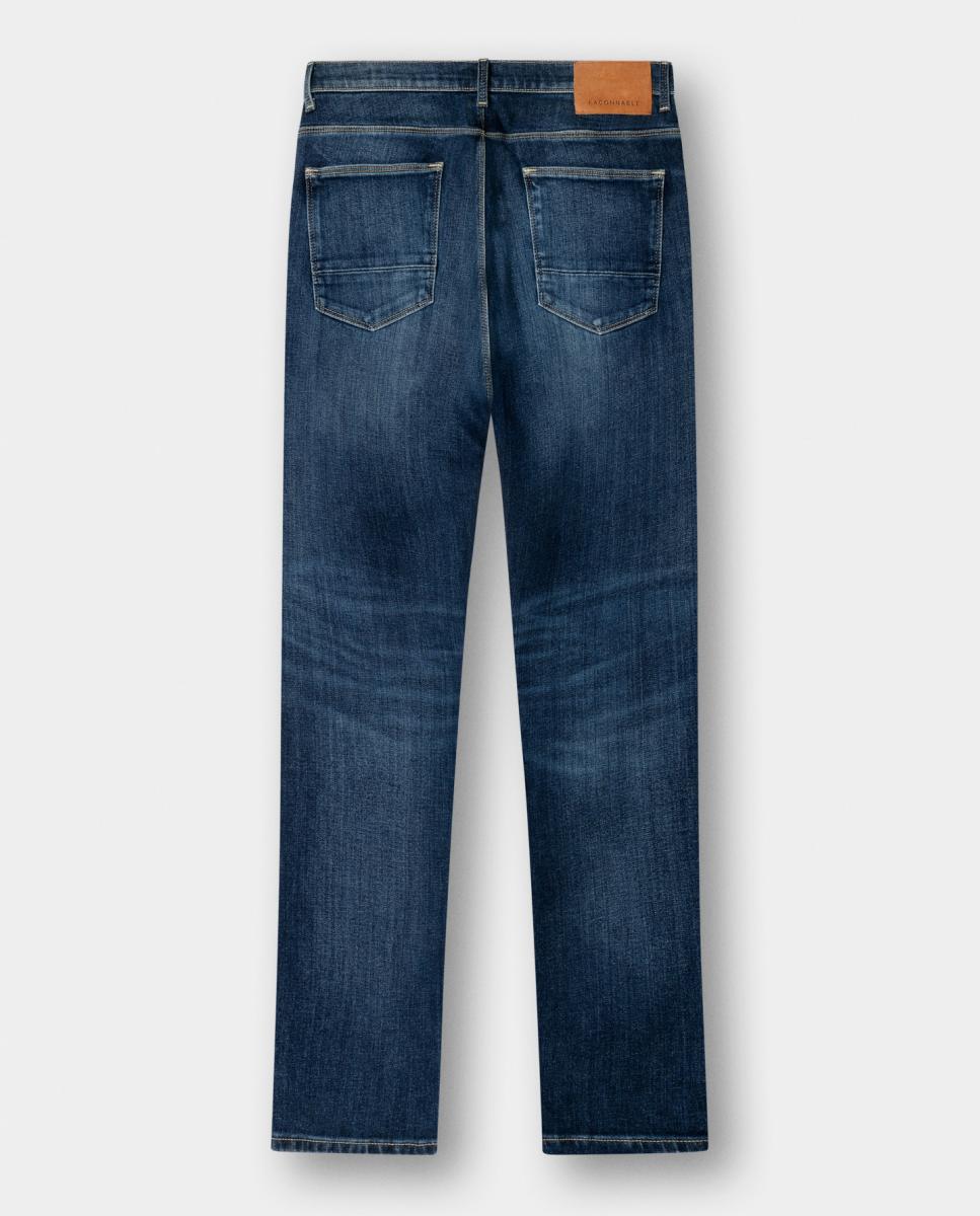 Jeans Straight de Cinco Bolsos em Algodão Elástico Azul-3