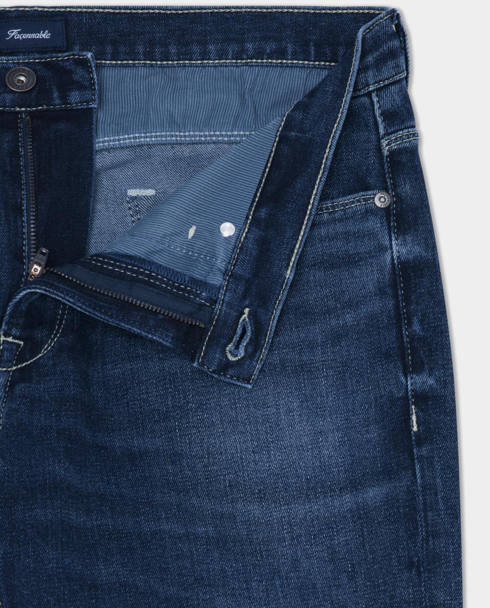 Jeans Straight de Cinco Bolsos em Algodão Elástico Azul-4