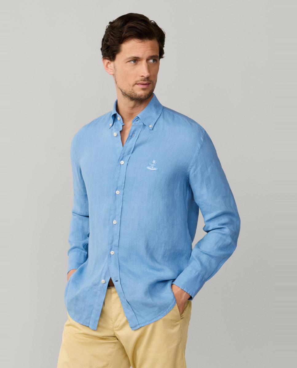 Camisa de hombre de lino lisa con logo Birdie fit Club - Façonnable - Azul índigo Azul índigo-1