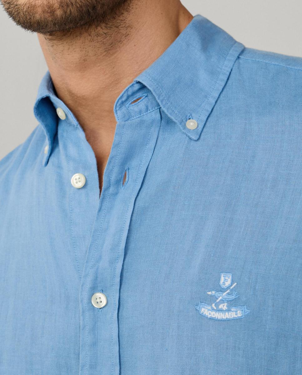Camisa de hombre de lino lisa con logo Birdie fit Club - Façonnable - Azul índigo Azul índigo-3