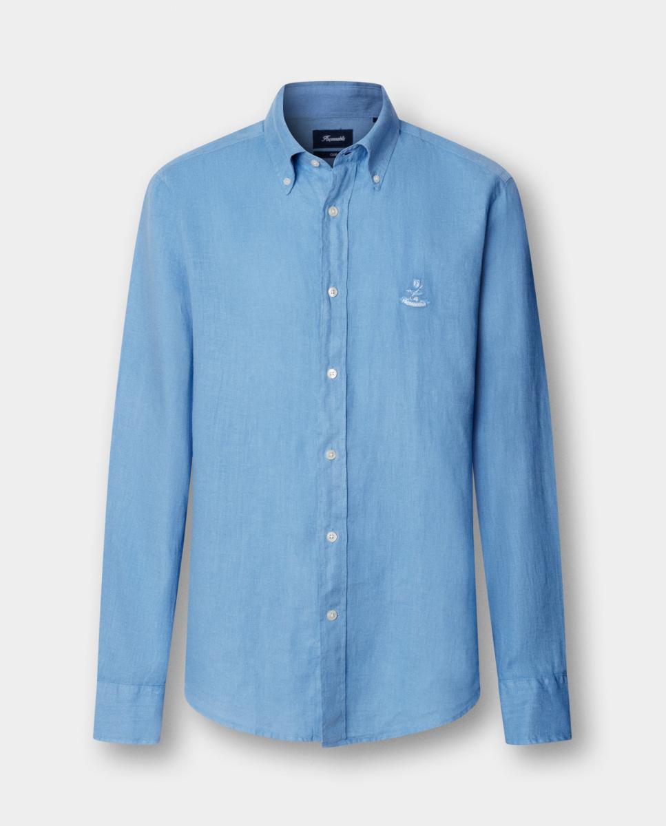 Camisa de hombre de lino lisa con logo Birdie fit Club - Façonnable - Azul índigo Azul índigo-5