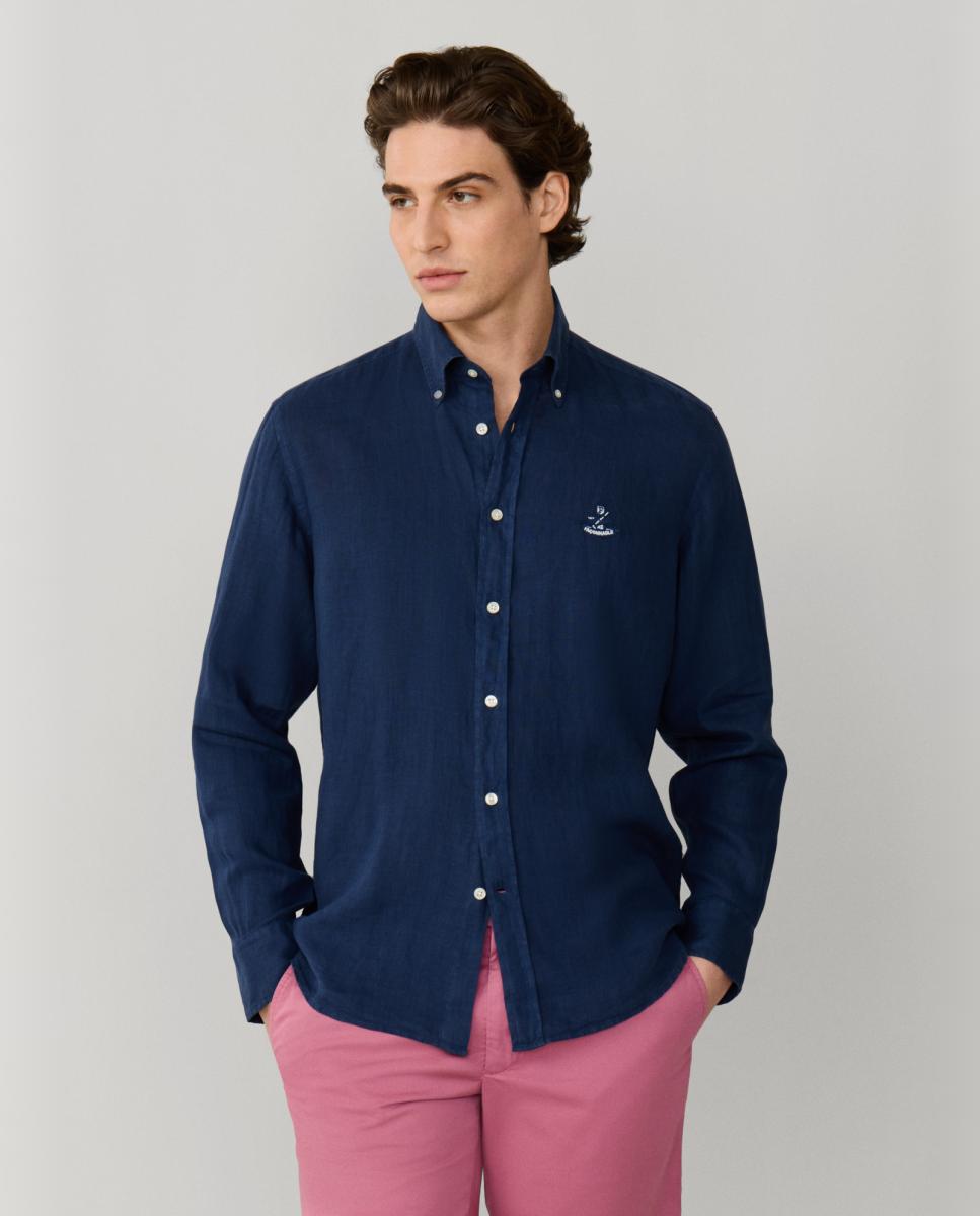 Camisa de hombre de lino lisa con logo Birdie fit Club - Façonnable - Azul marino Azul marino-1