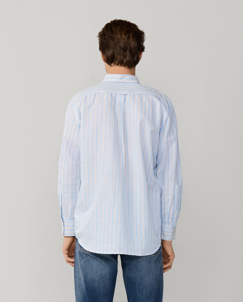 Camisa de Linho de Algodão às Riscas Fit Club Azul-2