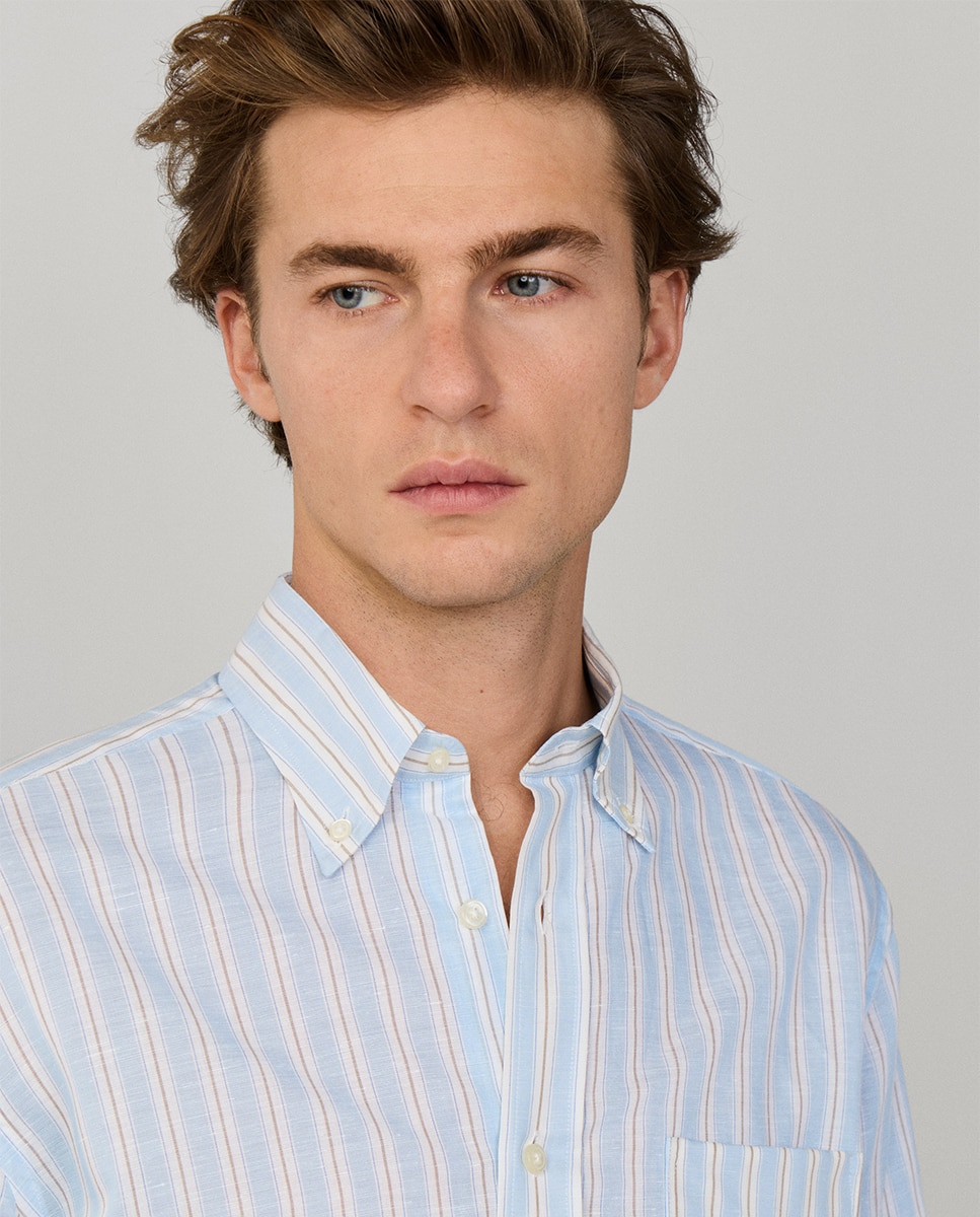 Camisa de Linho de Algodão às Riscas Fit Club Azul-3