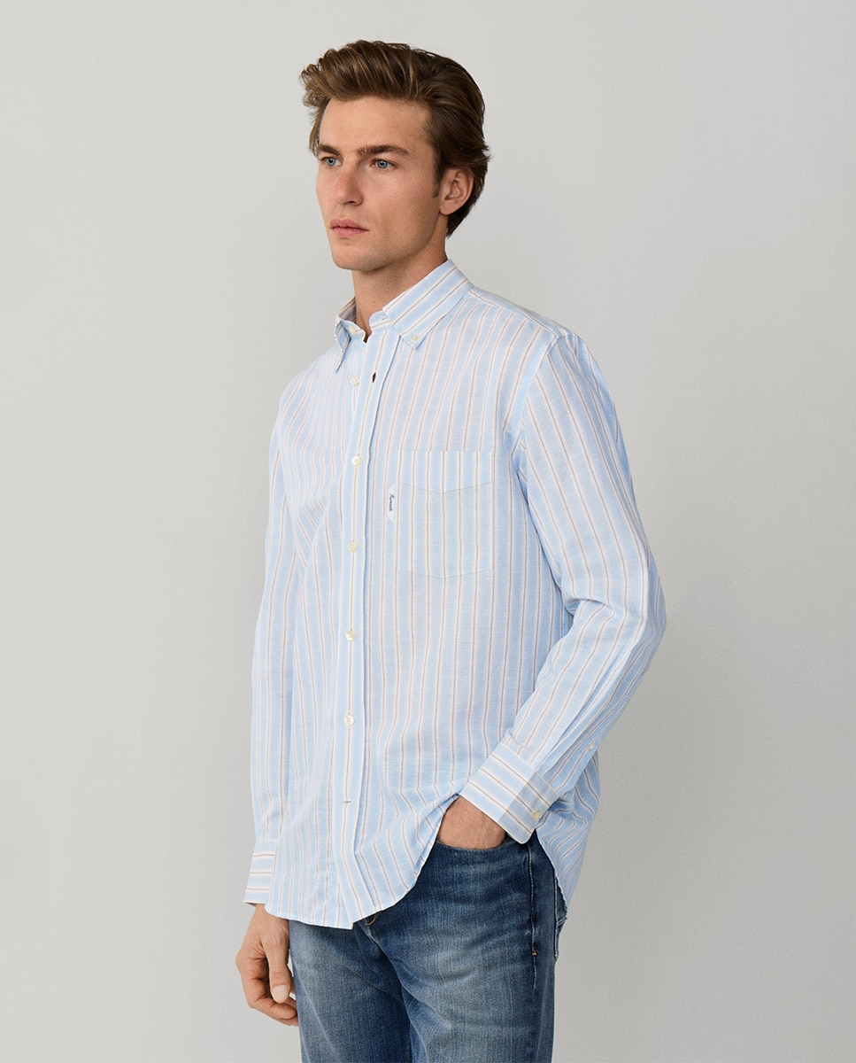 Camisa de Linho de Algodão às Riscas Fit Club Azul-4