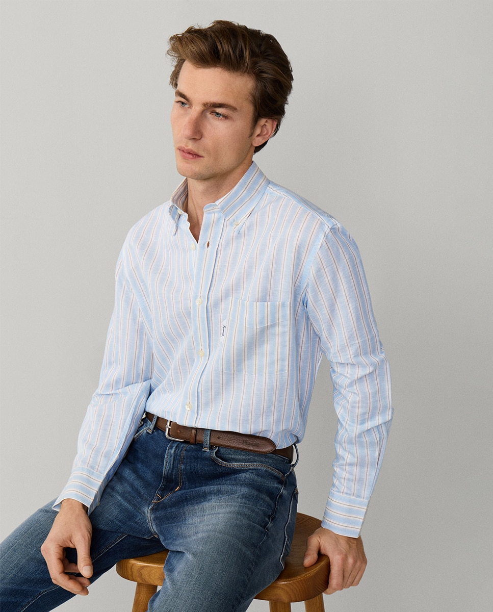Camisa de Linho de Algodão às Riscas Fit Club Azul-6