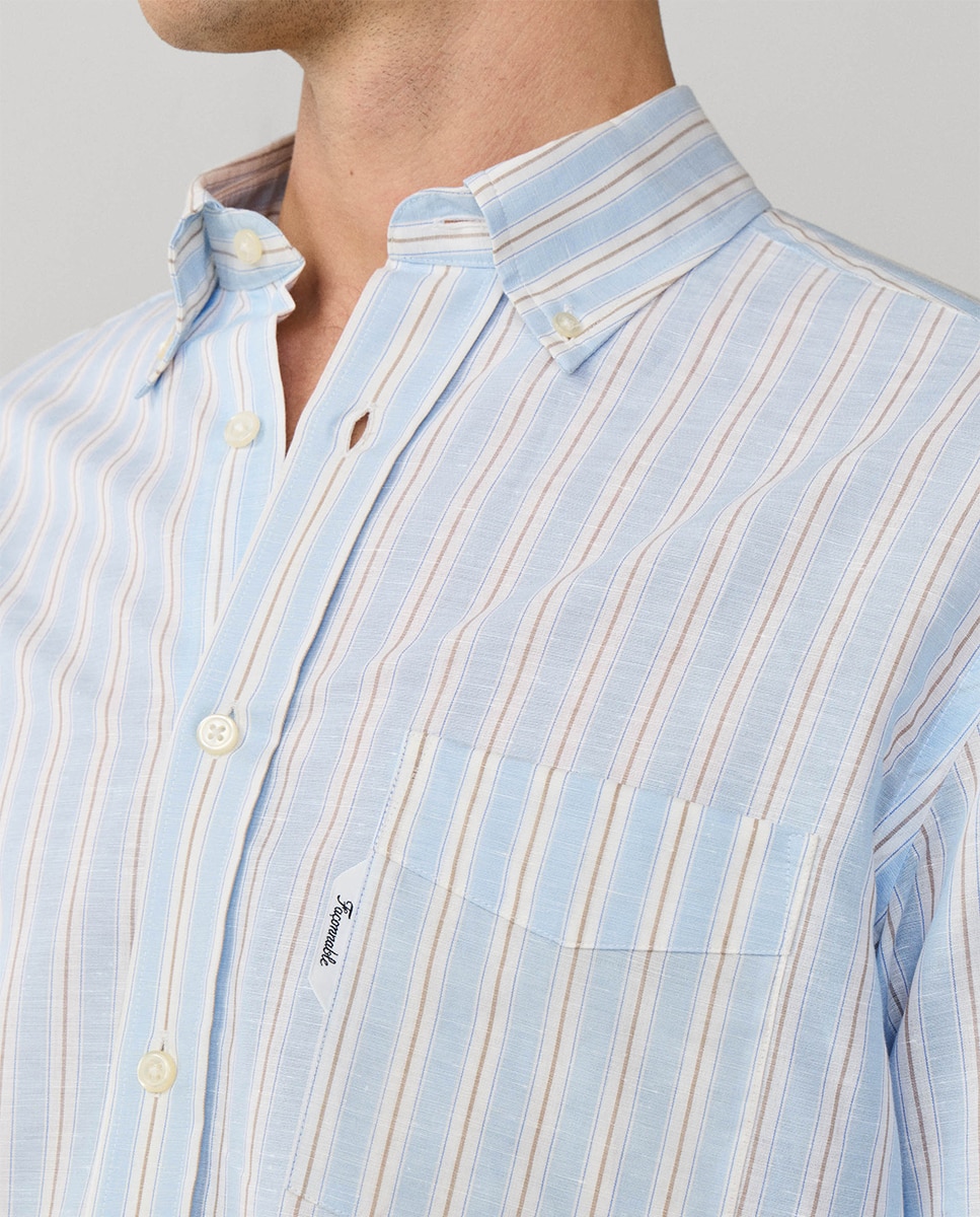 Camisa de Linho de Algodão às Riscas Fit Club Azul-7