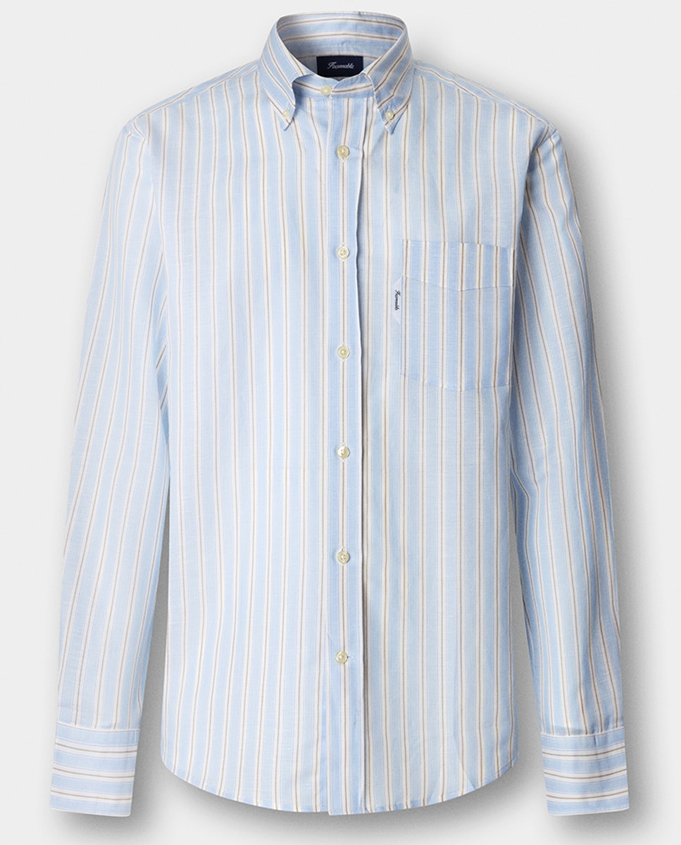 Camisa de Linho de Algodão às Riscas Fit Club Azul-8