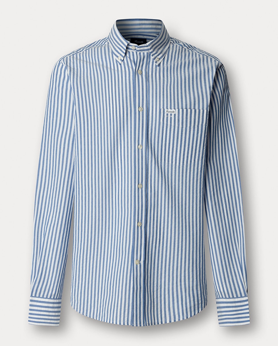 Camisa às Riscas em Algodão e Seersucker Fit Club Azul-1