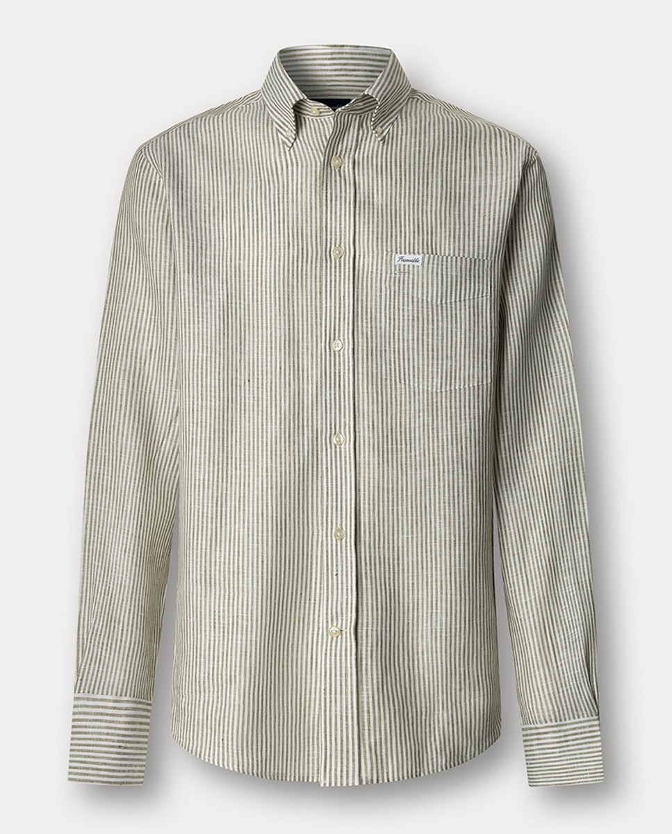 Camisa de Linho às Riscas Bengal Fit Club Verde-1