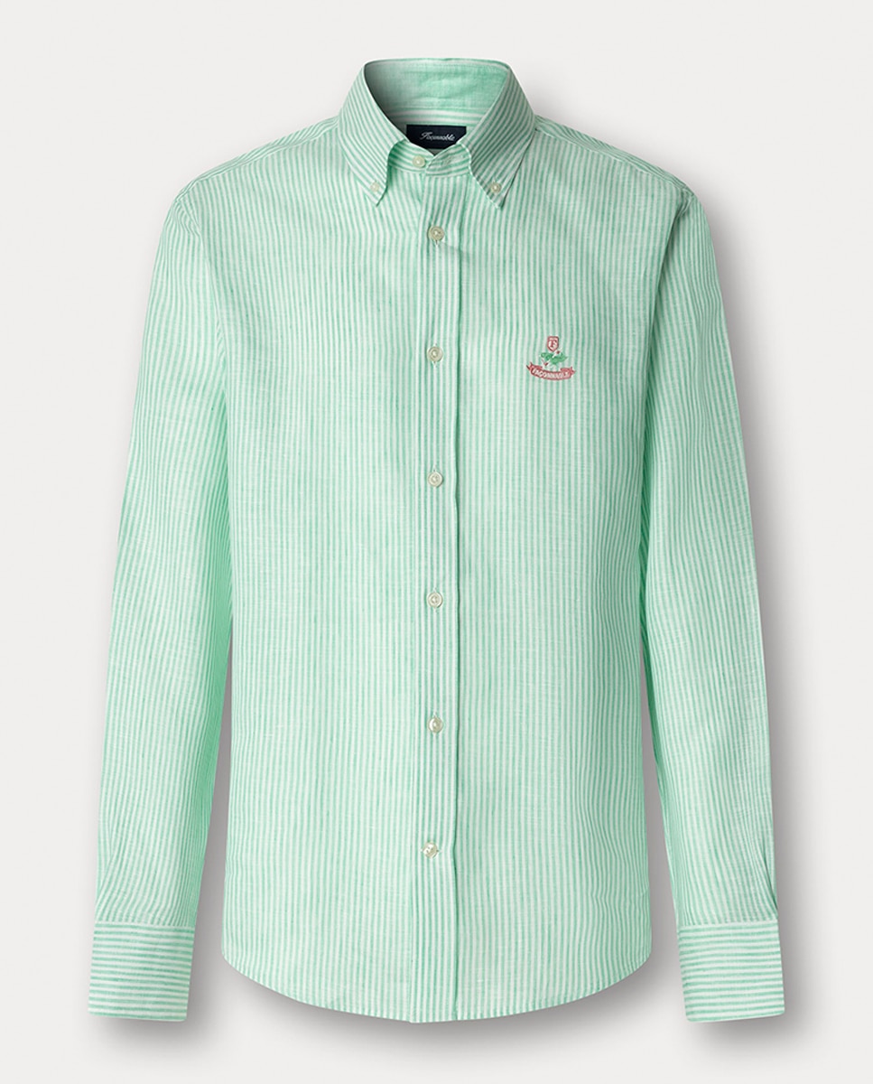 Camisa de Linho às Riscas Bengal com Logótipo Birdie Fit Club Verde-1
