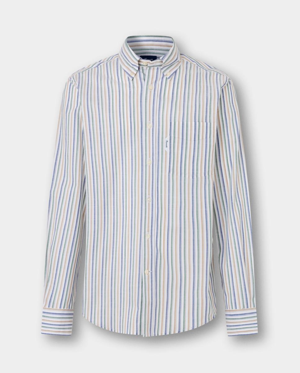 Imagen 1 de Camisa de hombre de algodón con diseño de rayas regimental y cuello abierto fit club. Azul