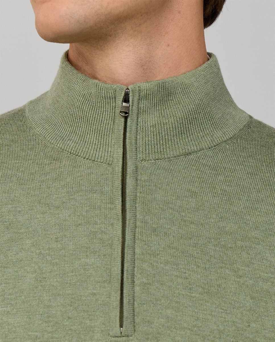 Camisola de Malha Lisa com Meio Fecho de Correr Verde-3