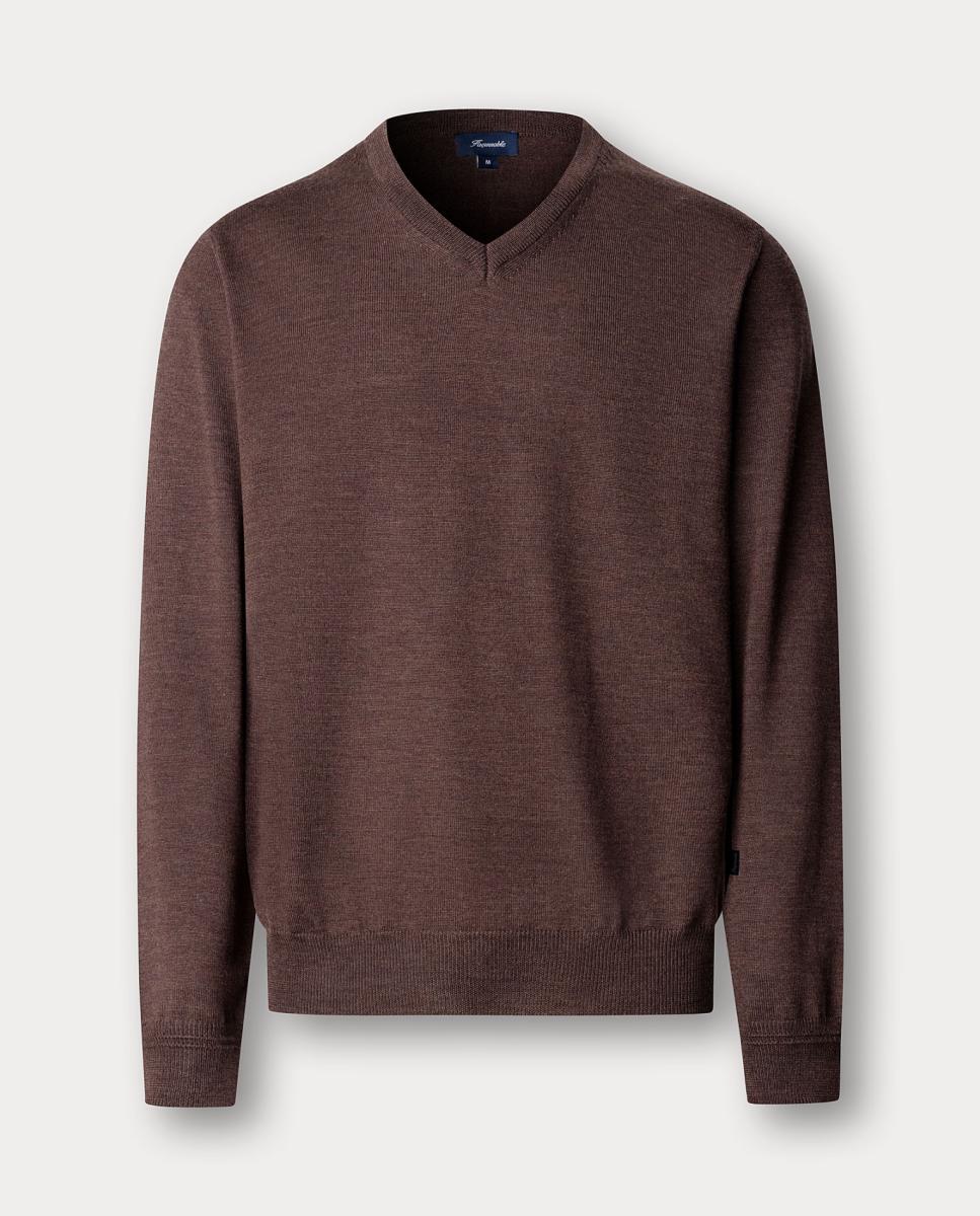 Camisola de Malha de Lã Merino com Decote em Bico Castanho-1