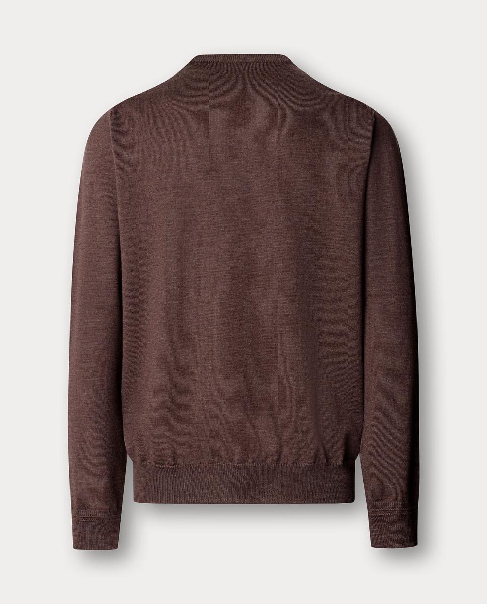 Camisola de Malha de Lã Merino com Decote em Bico Castanho-2