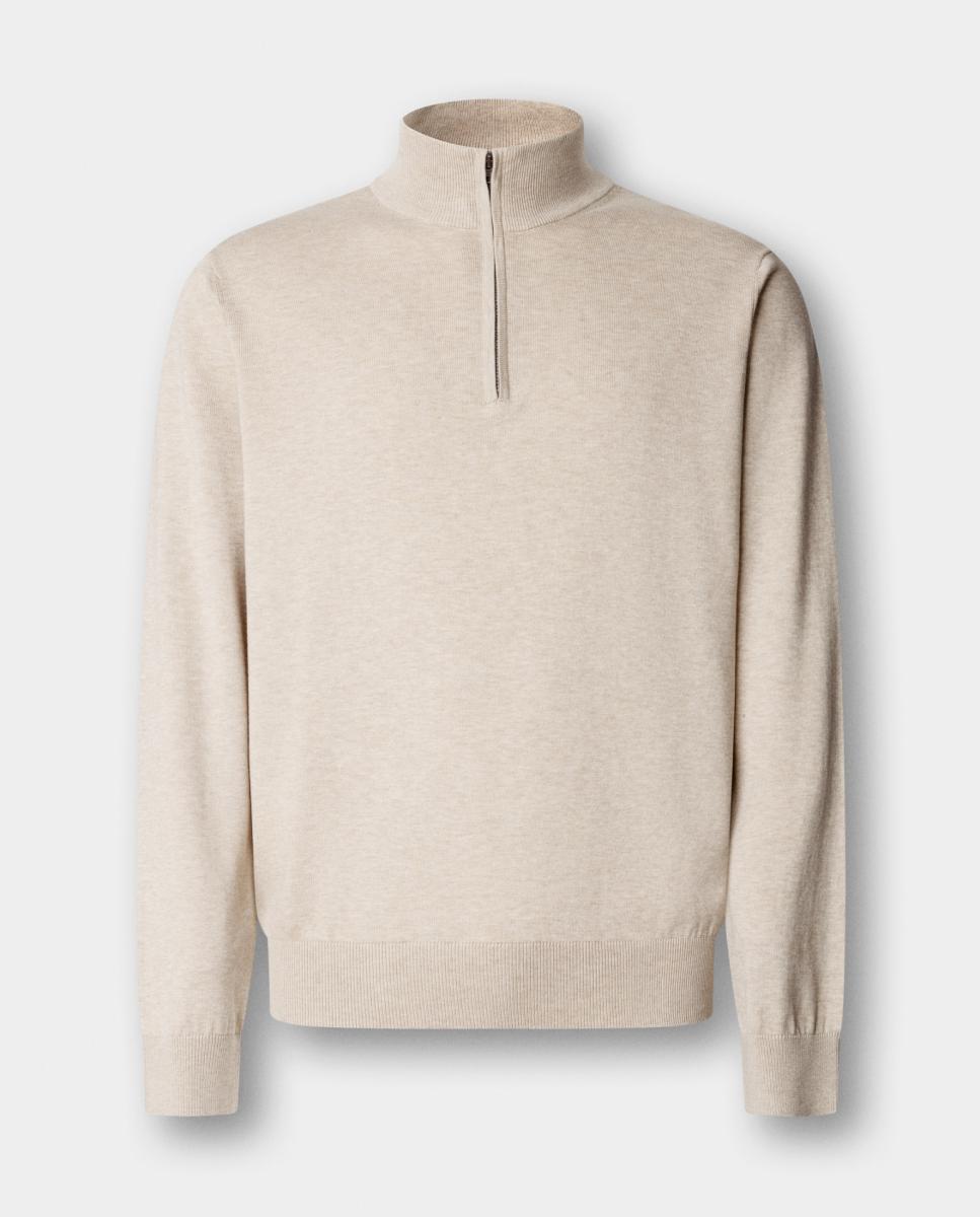 Imagen 1 de Jersey de hombre con media cremallera en mezcla de algodón y seda. Beige