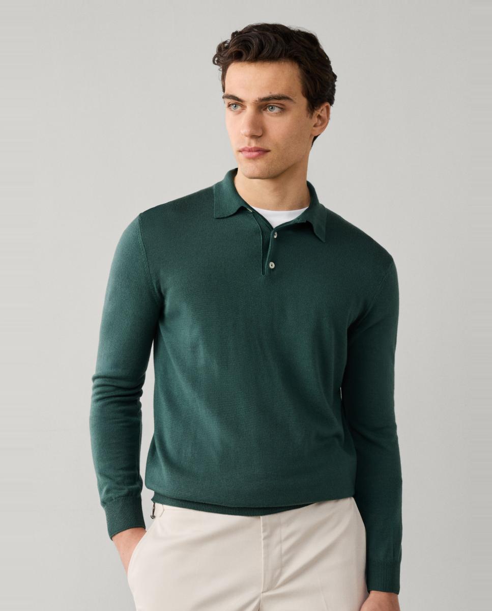 Imagen 3 de Polo de hombre de manga larga en lana merino y cuello acanalado. - Façonnable - Verde oscuro Verde oscuro
