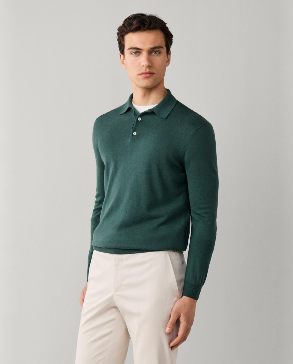 Imagen 6 de Polo de hombre de manga larga en lana merino y cuello acanalado. - Façonnable - Verde oscuro Verde oscuro