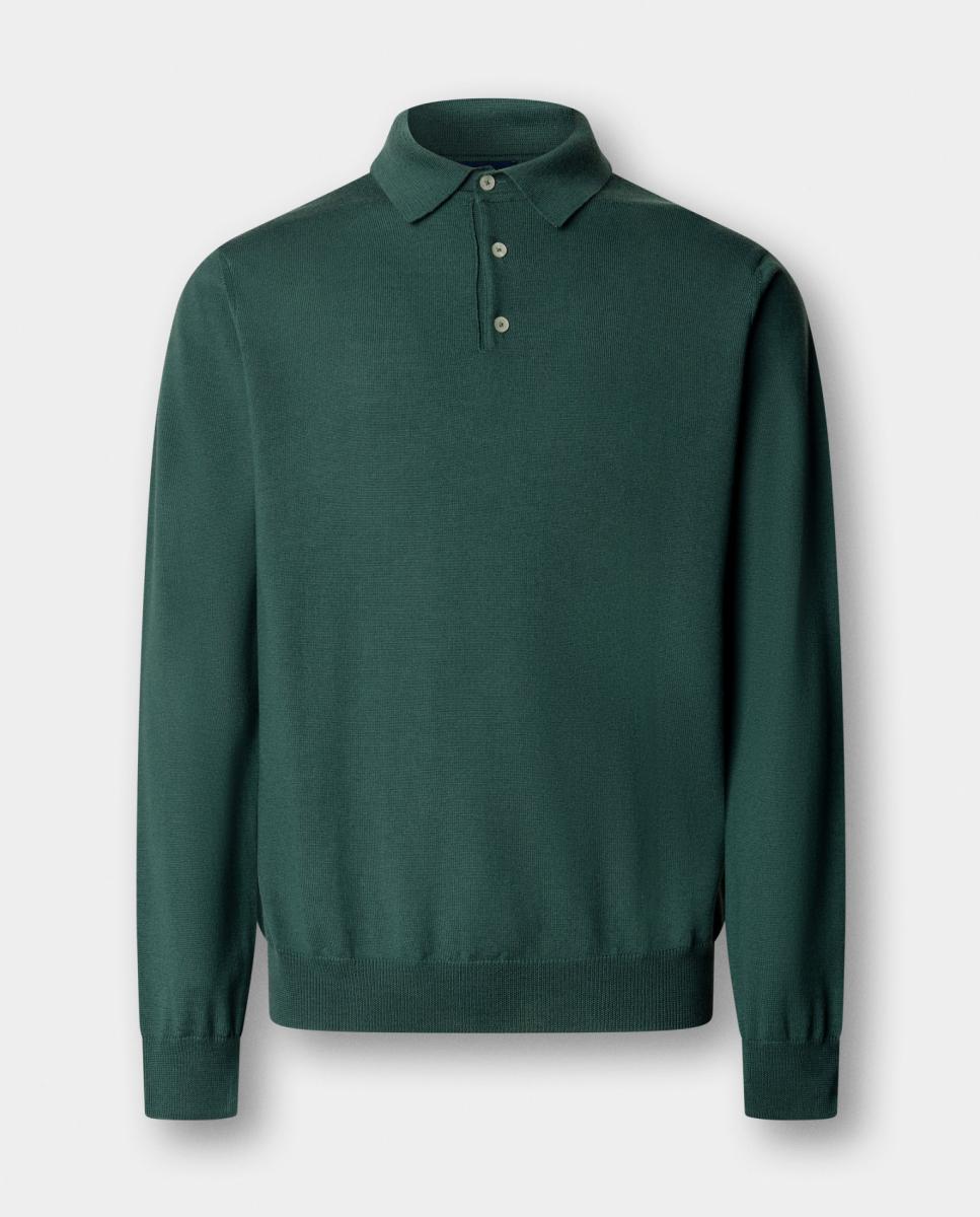 Imagen 7 de Polo de hombre de manga larga en lana merino y cuello acanalado. - Façonnable - Verde oscuro Verde oscuro