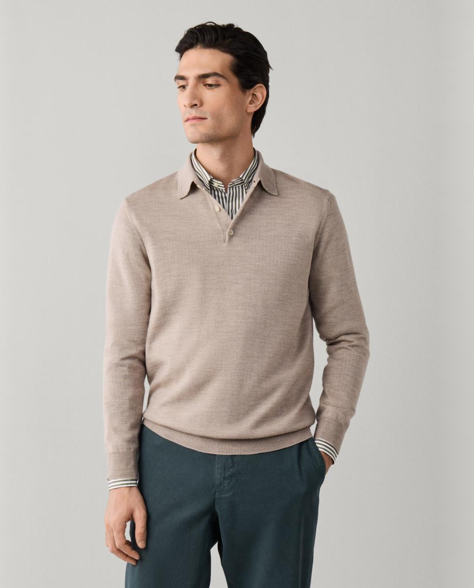Polo de Manga Comprida em Lã Merino e Gola Canelada Bege-4