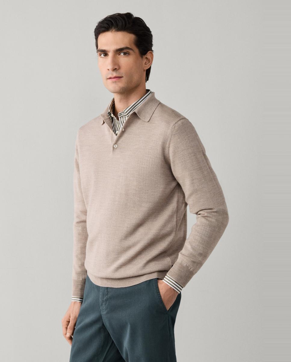 Polo de Manga Comprida em Lã Merino e Gola Canelada Bege-5