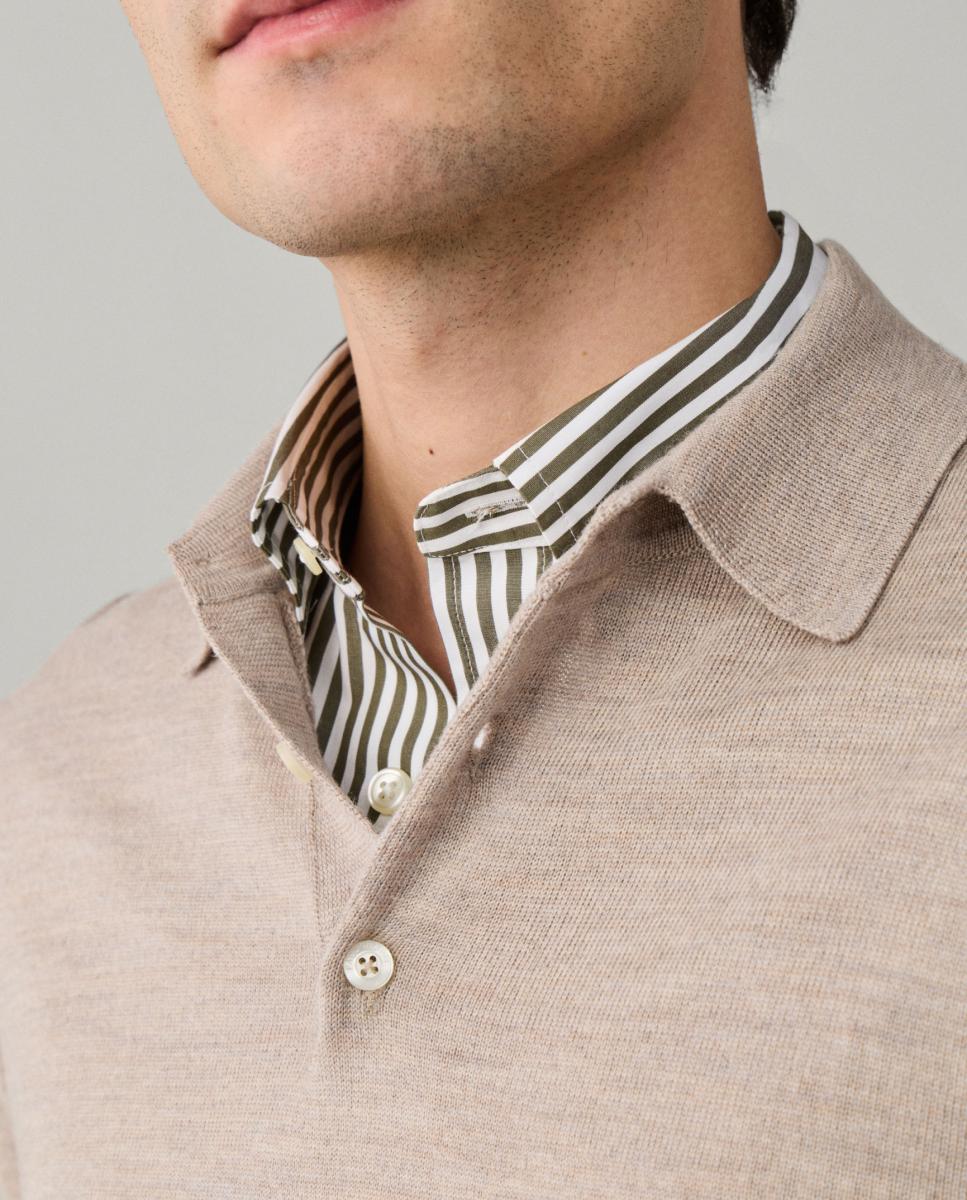Polo de Manga Comprida em Lã Merino e Gola Canelada Bege-6