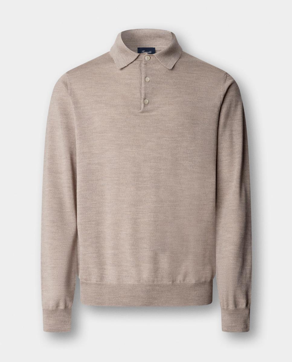 Polo de Manga Comprida em Lã Merino e Gola Canelada Bege-7