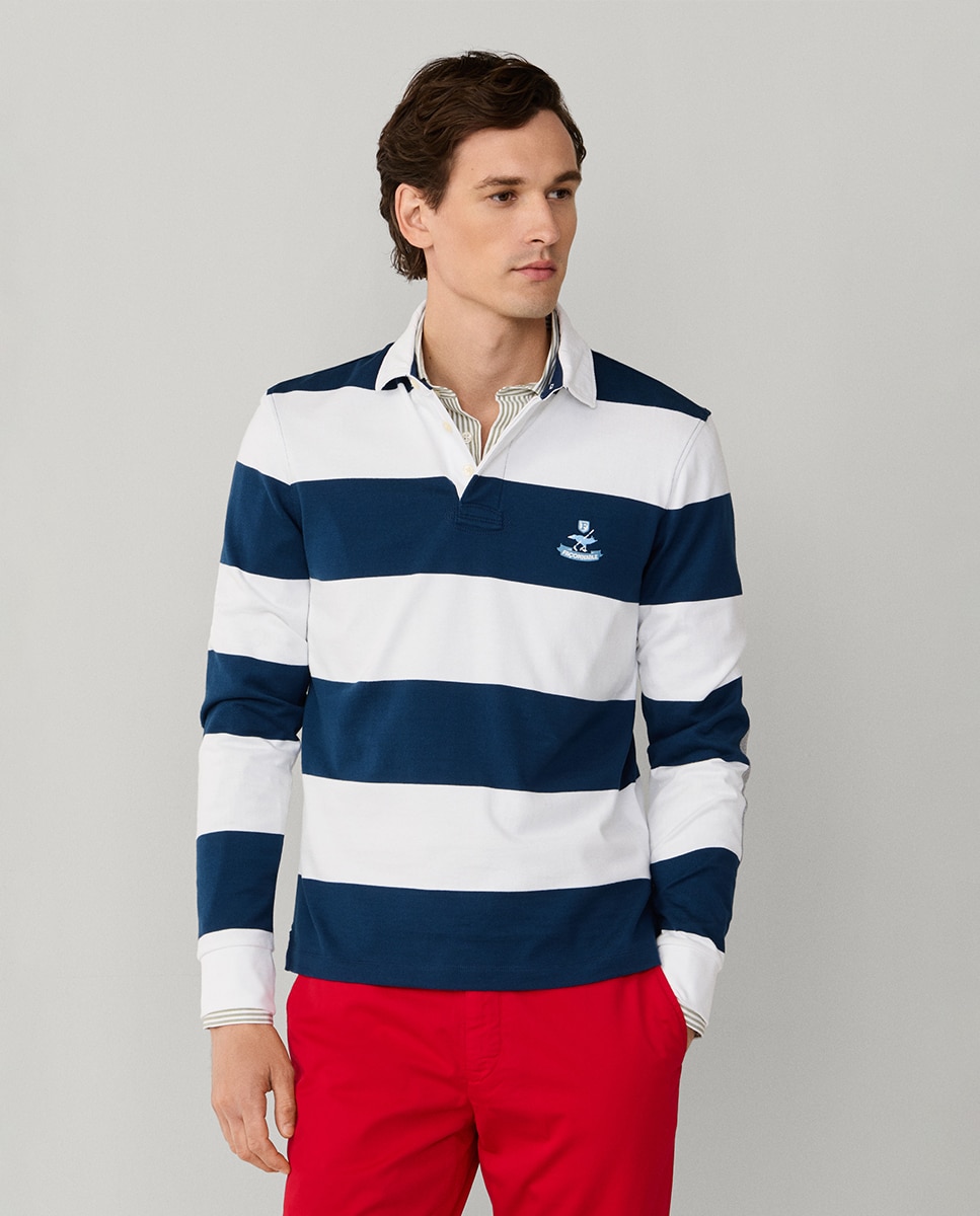 Polo de Rugby às Riscas com Manga Comprida Branco-1