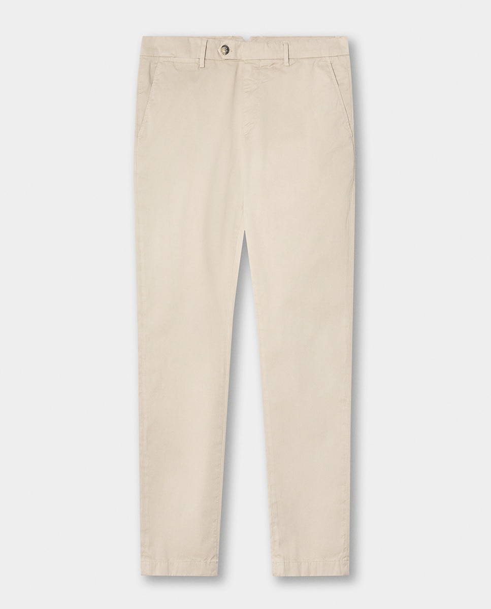 Calças Chino Classic Fit com Algodão Elástico Bege-7