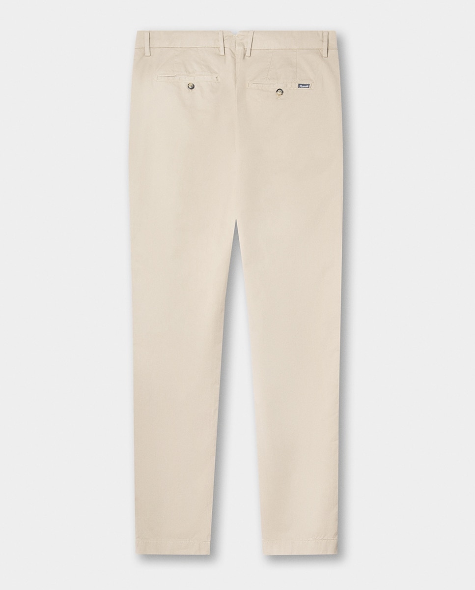 Calças Chino Classic Fit com Algodão Elástico Bege-8