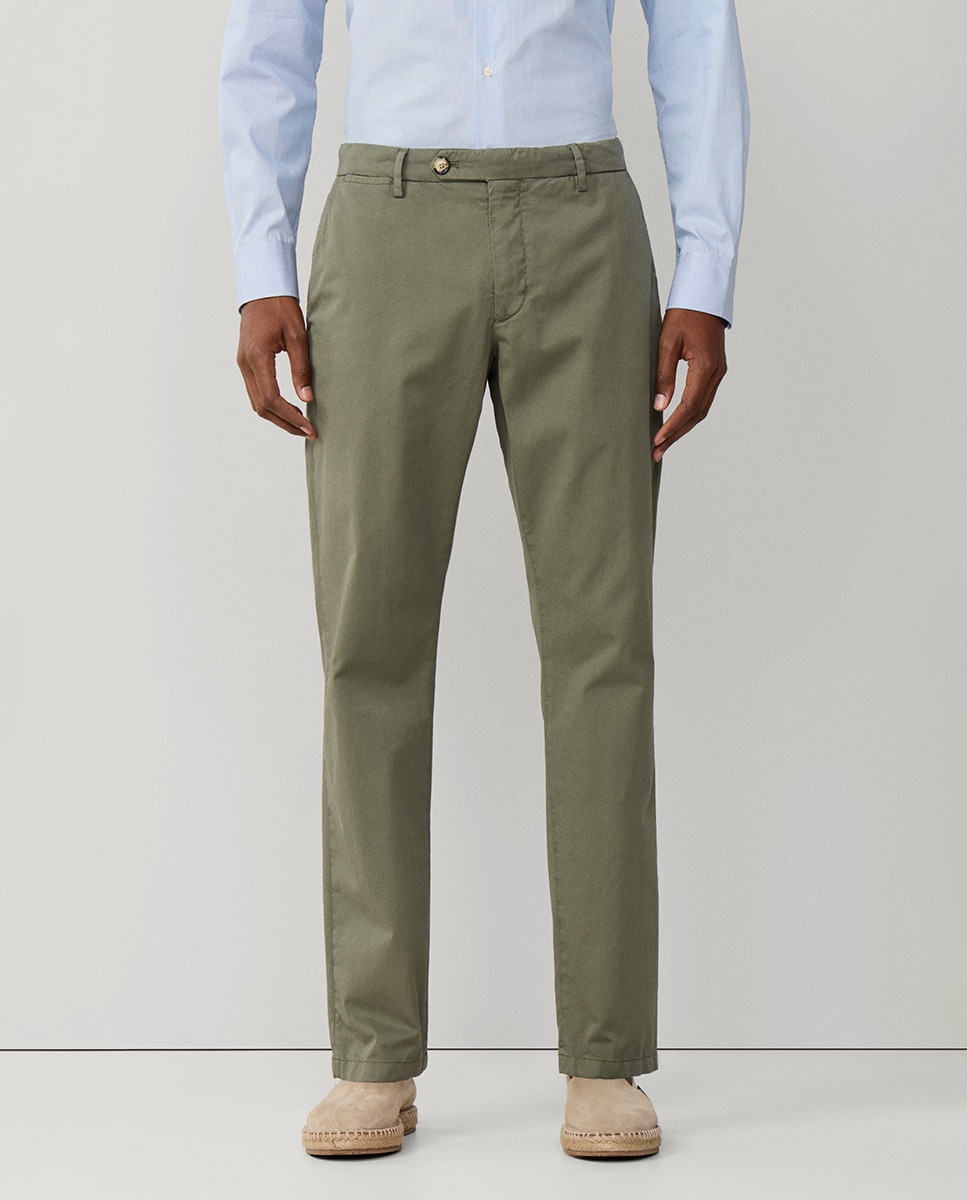 Calças Chino Classic Fit com Algodão Elástico Verde-2