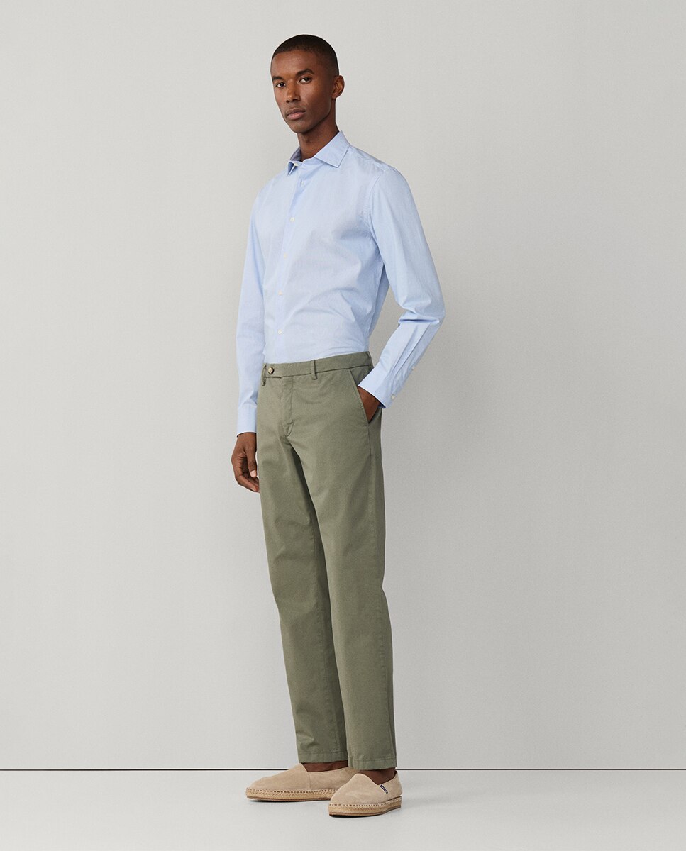 Calças Chino Classic Fit com Algodão Elástico Verde-6