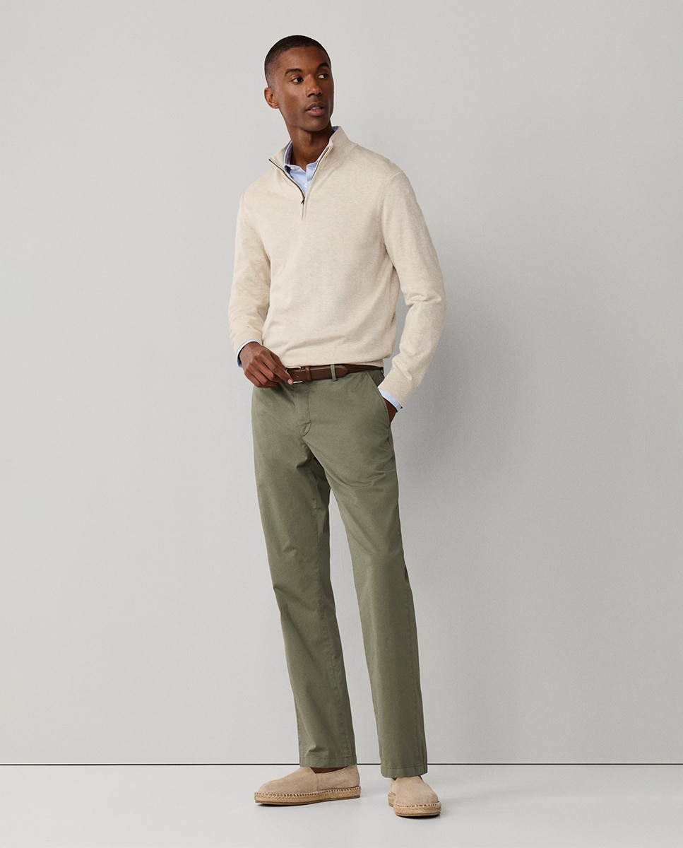Calças Chino Classic Fit com Algodão Elástico Verde-9