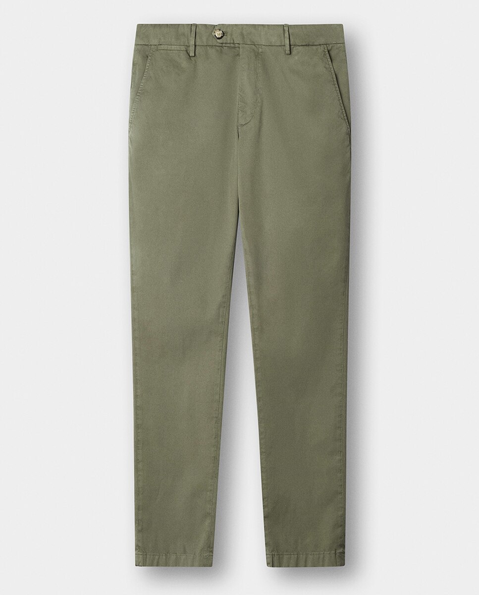 Calças Chino Classic Fit com Algodão Elástico Verde-7