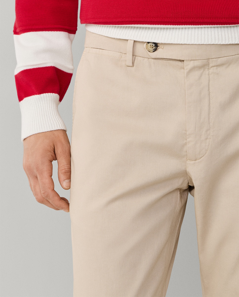 Calças Chino de Algodão Texturizado Regular Fit Bege-4