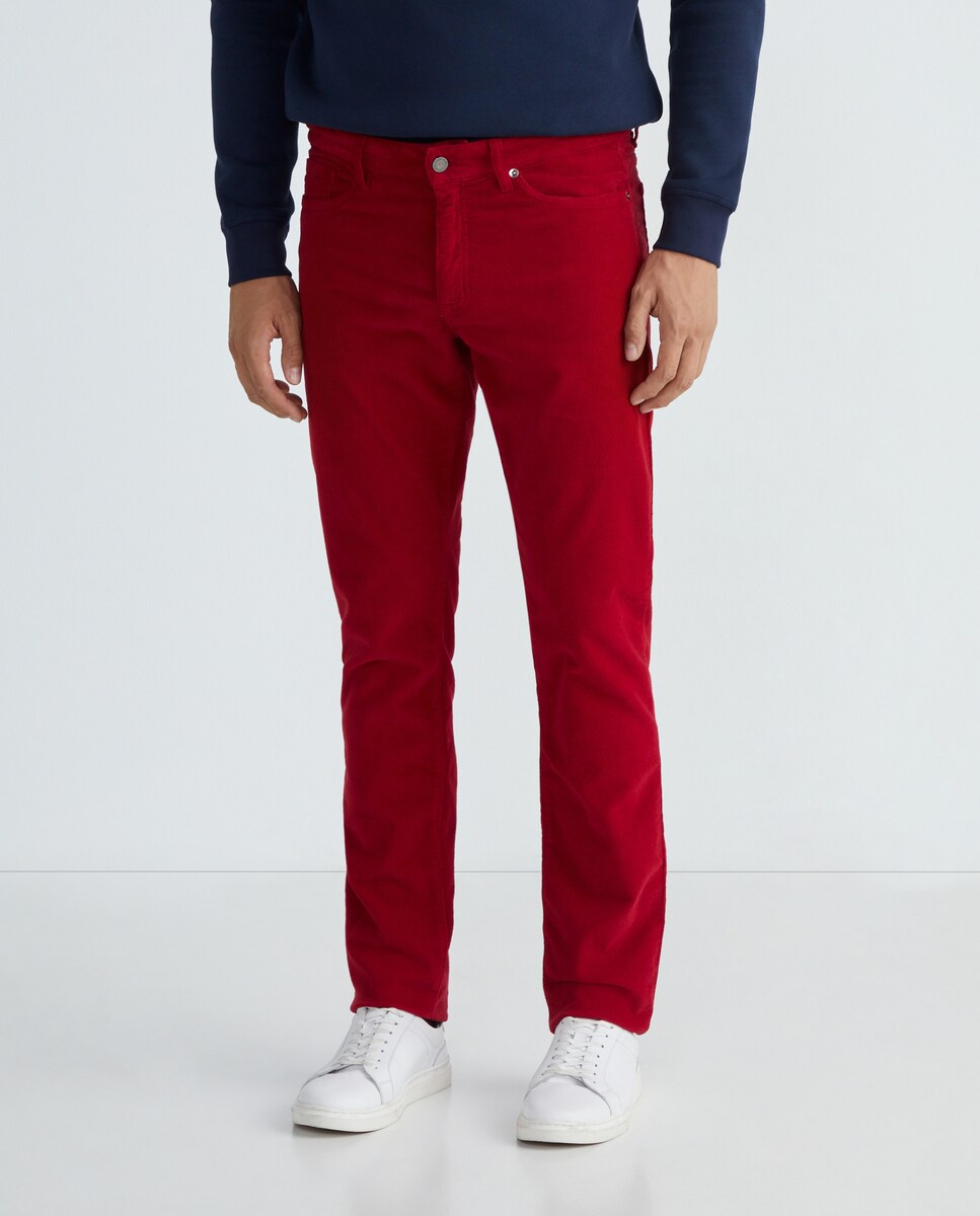 Calças Regular Fit de Bombazina com 5 Bolsos Vermelho-2