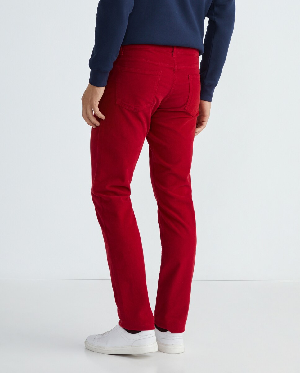 Calças Regular Fit de Bombazina com 5 Bolsos Vermelho-3